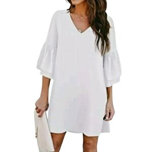 BELONGSCI White V-Neck 3/4 Length Ruffle Bell Sleeves Swing Mini Dress
